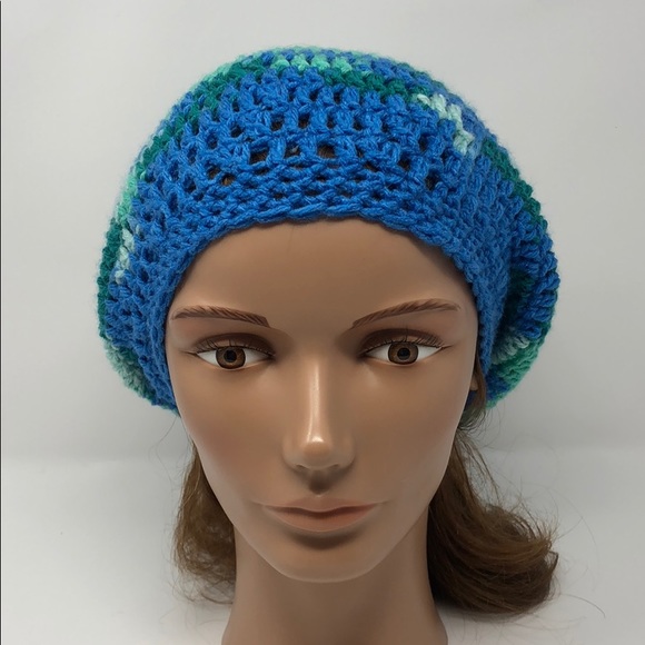 Slouchy beanie hat adult or teen blue green New hand crochet by me - Picture 2 of 4